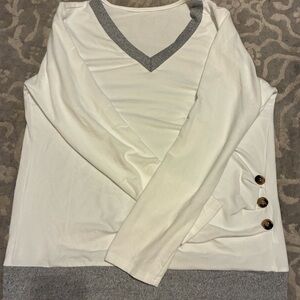 White and Gray V-Neck Sweater with Button Detail